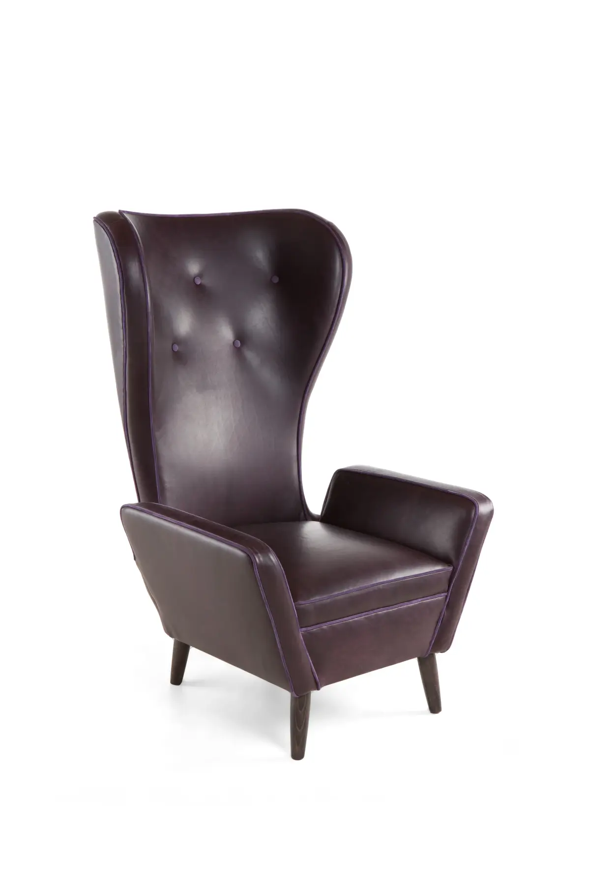Aubergine leather high wing armchair with buttoned back and contrast piping, studio product photography