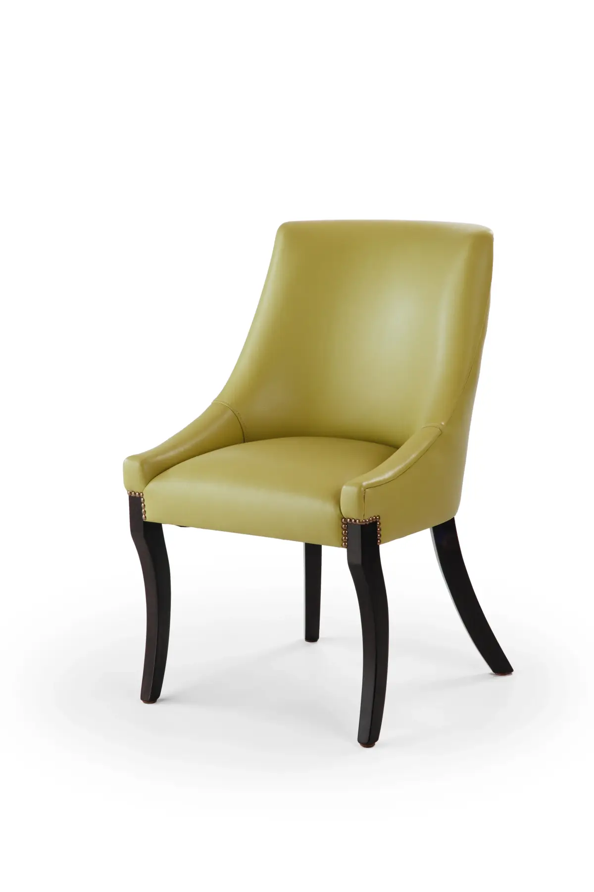 Olive leather dining chair with studded seat rail and dark wood legs, studio product photography