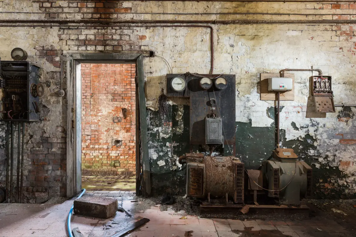 Two generators against a brick wall below their switchgear and dials, beside a doorway bricked up in newer red brick